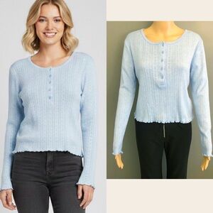 SUZY Pastel Blue Casual Relaxed Fit Button Down Long  Sleeves Knits T Shirt Tee